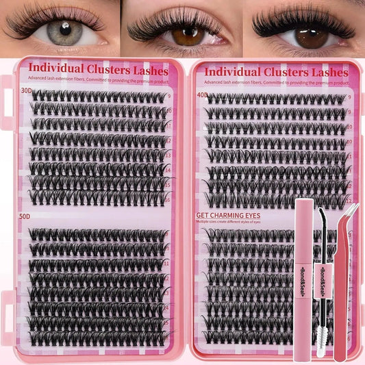 Wimpernverlängerungs-Set DIY Wimpern-Cluster-Set Cluster-Lashes gemischte Platte Wimpernverlängerungs-Set weiche Einzel-Wimpern mit Lash-Bond und Seal, Lash-Pinzette natürlicher Look